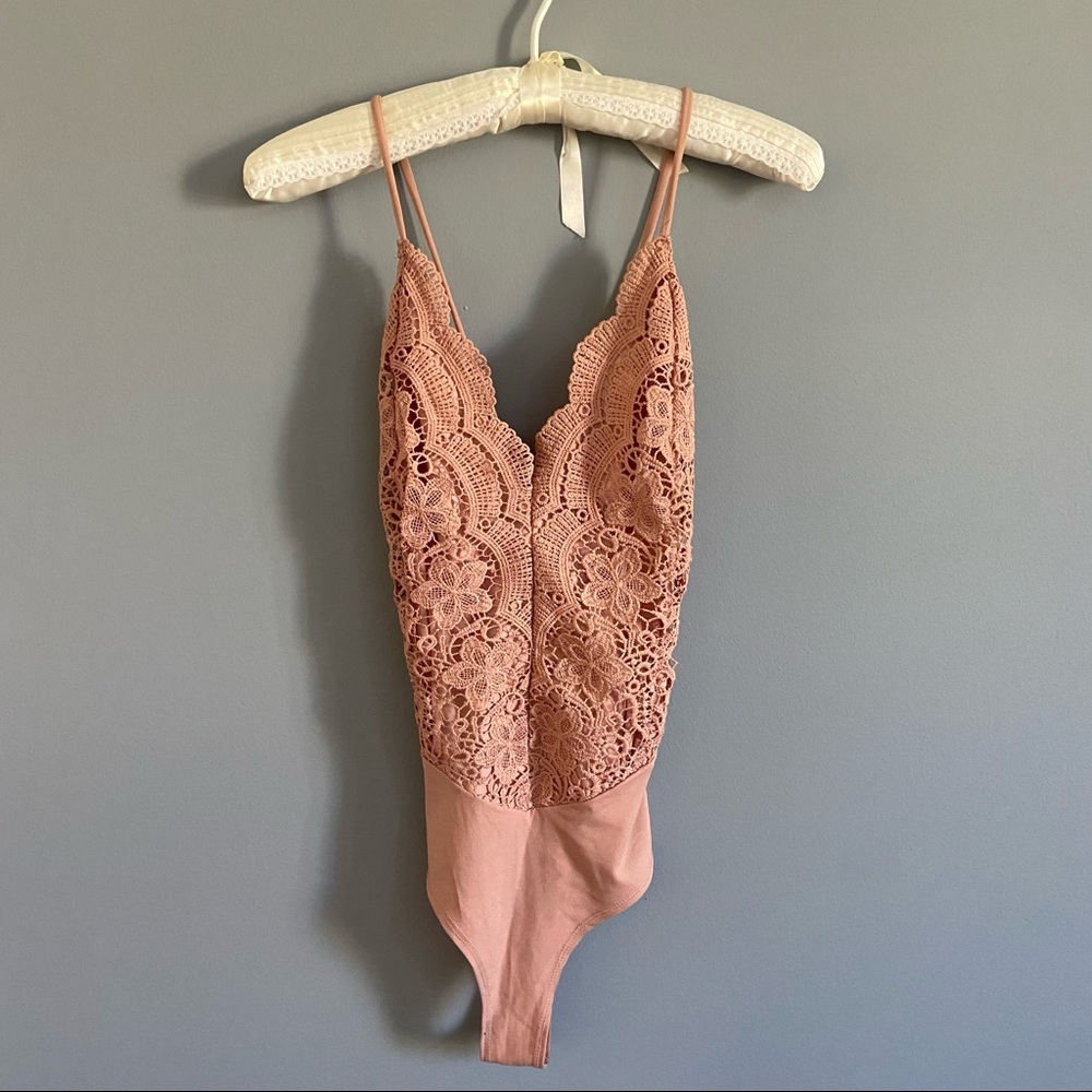 Coral Pink Cross Back Lace Body Suit